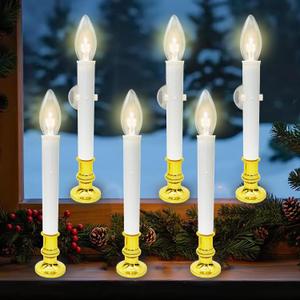 Battery Operated Christmas Window Candles with Timer, 6 Pack 10.5" LED Flameless Candles for Windows, Brass Base Candle Lights, Battery Powered Window Candles with Suction Cups
