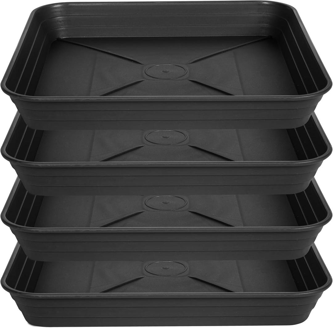 4 Pack Square Plant Saucer Tray 10 inch, 6 8 10 12 14 16 18 20 inch Heavy Duty Plastic Square Plant Saucers for Indoors Outdoor, Flower Planter Drip Trays for Pots, Seed Starting Tray (Black)