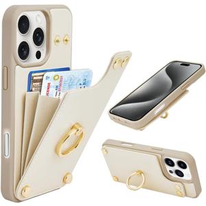 LAMEEKU Wallet Case for iPhone 16 Pro, Card Holder Leather Case with 360 Rotation Ring Kickstand Protective Cover for iPhone 16 Pro 6.3'' Beige
