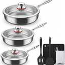 Tri-Ply Stainless Steel Frying Pan Set With Lids, 13pcs Stainless Steel Cookware Set with Detachable Handle, Induction Compatible Skillets for All Stovetops, Dishwasher and Oven Safe, Silver (8&10&12 Inch)