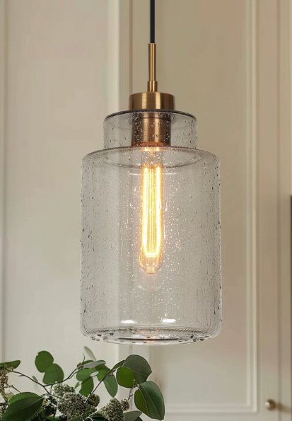 Modern Gold Pendant Light Kitchen Island Light 1-Light Adjustable Hanging Pendant Lights with Seeded Glass Dining Room Light Fixtures for Kitchen Entryway Hallway Bedroom