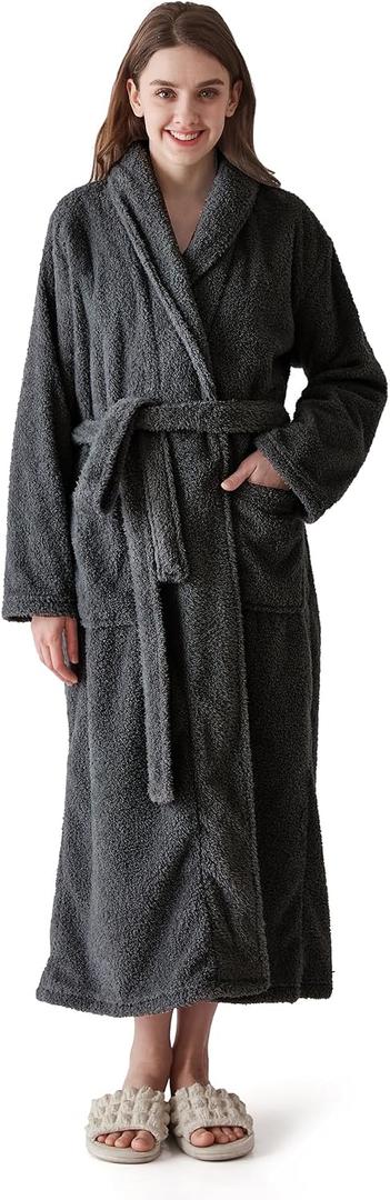 Robes for Women Premium Plush Fleece Long Bathrobe for Women with Shawl Collar, Soft Warm Womens Robe (L)
