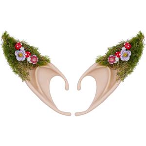 2 x FRESHME Mushroom Elf Ears Adult - Handmade Soft Pixie Fairy Ears with Moss Mushroom and Flower Non Piercing Woodland Forest Elven Ear Cuff for Women Christmas Renaissance Halloween Cosplay Accessories