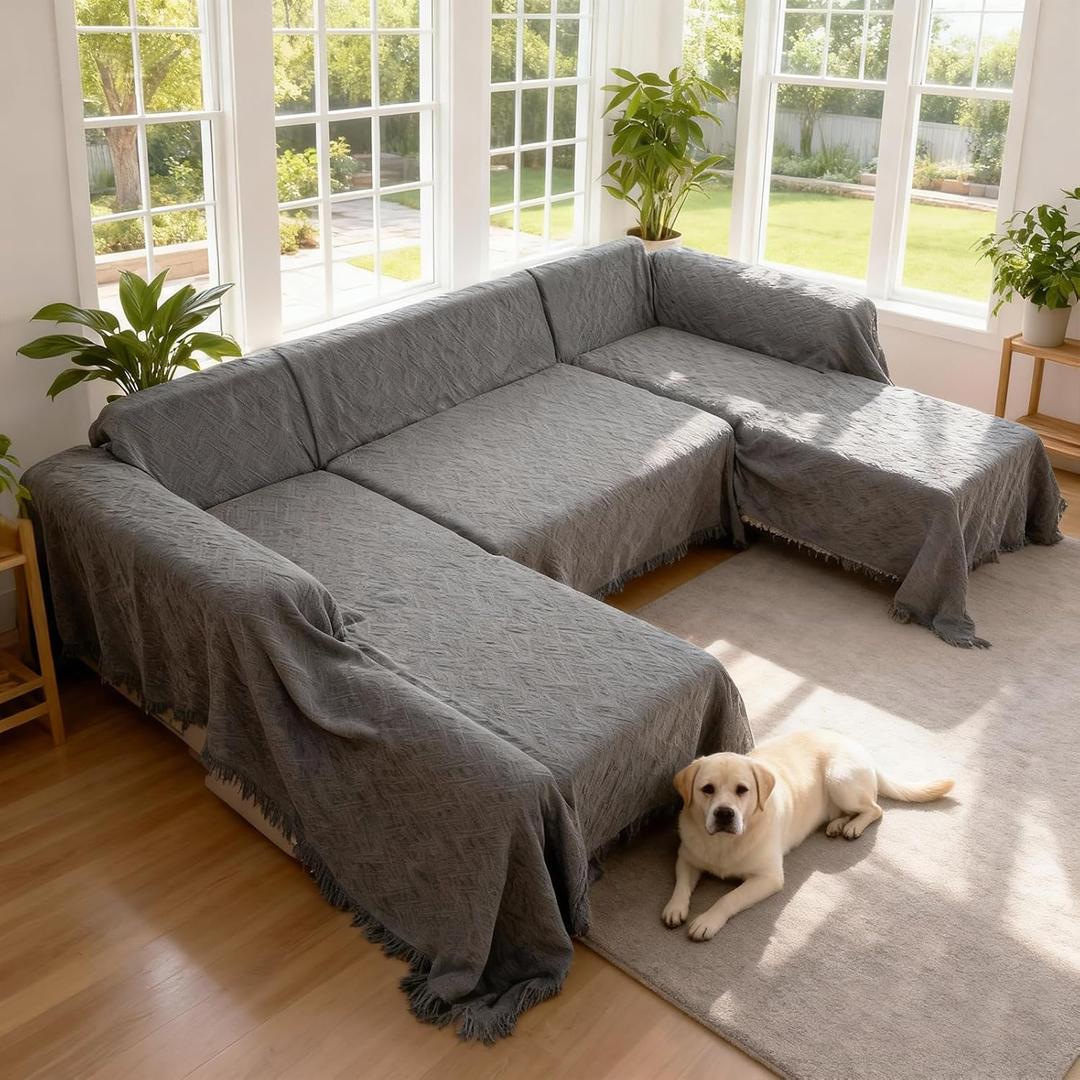 Sectional Couch Covers U Shape, 3 Pieces Sofa Cover for Sectional Sofa, Washable U Shaped Couch Cover Blanket with Chaise Lounge for Dogs - Dark Gray (2PC 110"x63" + 1PC 90"x71")