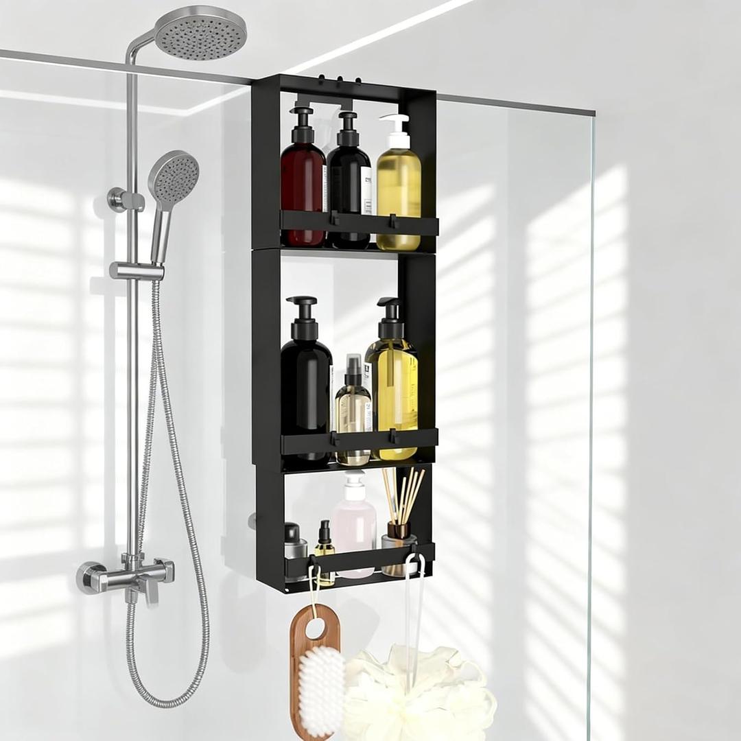 Over the Door Shower Caddy Hanging, 3 Tier Stainless Steel Hanging Shower Caddy with 8 Hooks & 4 Suction Cup, Bathroom Organizers and Storage Rack, Bathroom Decor Shelves Holds Shampoo, Towel - Black