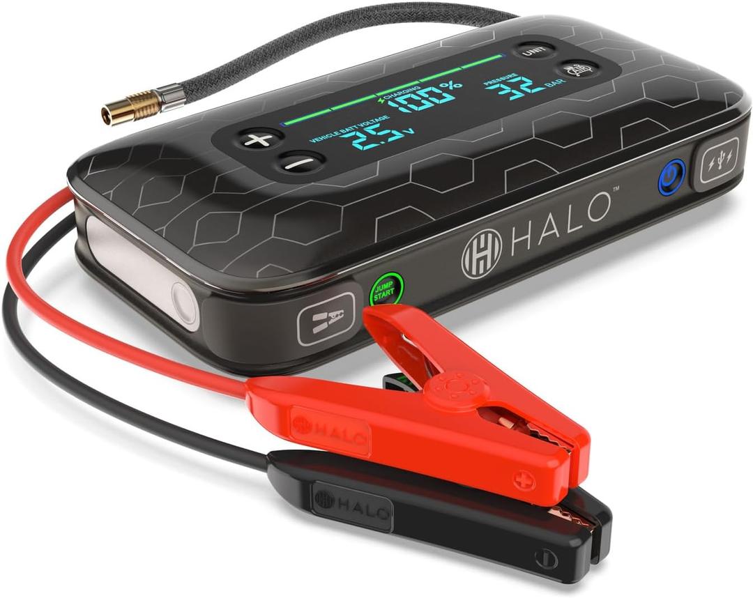 HALO Bolt Air+ 1750 Portable Car Battery Jump Starter | 130 PSI Air Compressor, 59.9Wh USB Power Bank, Large Display, Emergency Floodlight & Charger, Jumps Cars SUVs & Trucks, Inflates Tires  Black