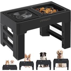 URPOWER 2-in-1 Elevated Slow Feeder Dog Bowls with No-Spill Water Bowl, 4 Height-Adjustable Raised Dog Bowls, Non-Slip Food and Water Bowls with Stand for Small, Medium, Large Dogs, Cats and Pets (Black)