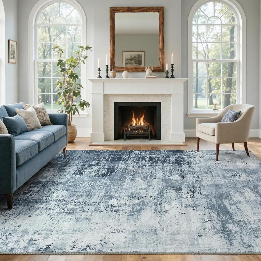 9x12 Ft Extra Large Washable Area Rugs for Living Room, Soft Non-Slip Modern Abstract Pattern Carpet for Bedroom Indoor Floor Nursery Home Decor (Blue)