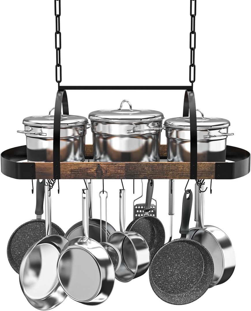 Hanging Pot Rack,32-Inch Ceiling Pot Rack for Kitchen, Space-Saving Pot Hanger with 16 Detachable S Hooks, Sturdy Metal Frame, Industrial Style, for Pot, Pan Storage, Space-Saving