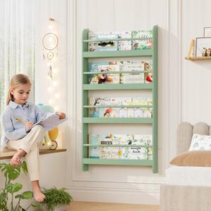 FOTOSOK Kids Bookshelf, Wall Mount 4-Tier Book Shelf Organizer for Toys and Books, Toy Storage Bookshelf in Bedroom, Living Room and Nursery, Green