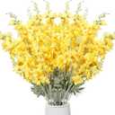 Thiccywoov 12 Pcs Delphinium Artificial Flowers, 33.5'' Long Stem Lifelike Faux Silk Flower Fake Look Real Bouquet for Tall Vase DIY Wedding Party Home Kitchen Arrangement Decor(Gradient Yellow)