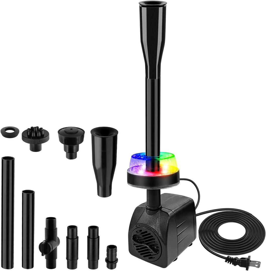 15W 800L/H Submersible Pond Fountain Pump with LED Lights, Ultra Quiet Water Pump, Pond Fountain Pumps for Small Pond, Koi, Garden, Aquariums, Fish Tanks, Indoor Outdoor Fountain 3 Type Nozzles (Rgb)