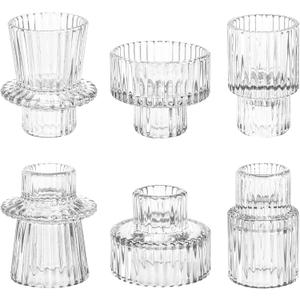 Taper Votive Candle Holder for Pillar Candles Tealight, Candlestick Holder for Wedding Christmas Tea Party, Boho Ribbed Vintage Crystal Glass Table Centerpiece Decor, Bulk Set of 6 (Clear)