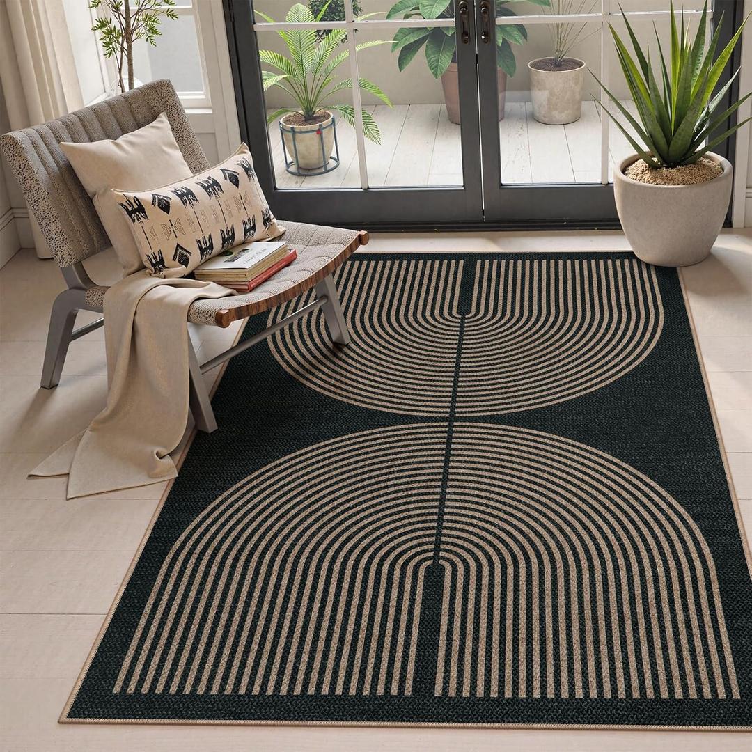 Lahome Modern Rainbow Easy Jute 4x6 Rug, Outdoor Patio Rug for Living Room Washable Black Carpet for Bedroom, Contemporary Non Slip Non Shedding Floor Carpet for Office Backyard (Dark Grey/Charcoal Black)