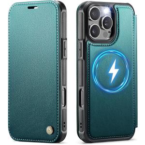 for iPhone 16 Pro Case Wallet Compatible with Magsafe, Slim PU Leather Flip RFID Blocking Card Holder Stand Shockproof Magnetic Women Men Wallet Phone Case Cover for iPhone 16 Pro, Blue Green