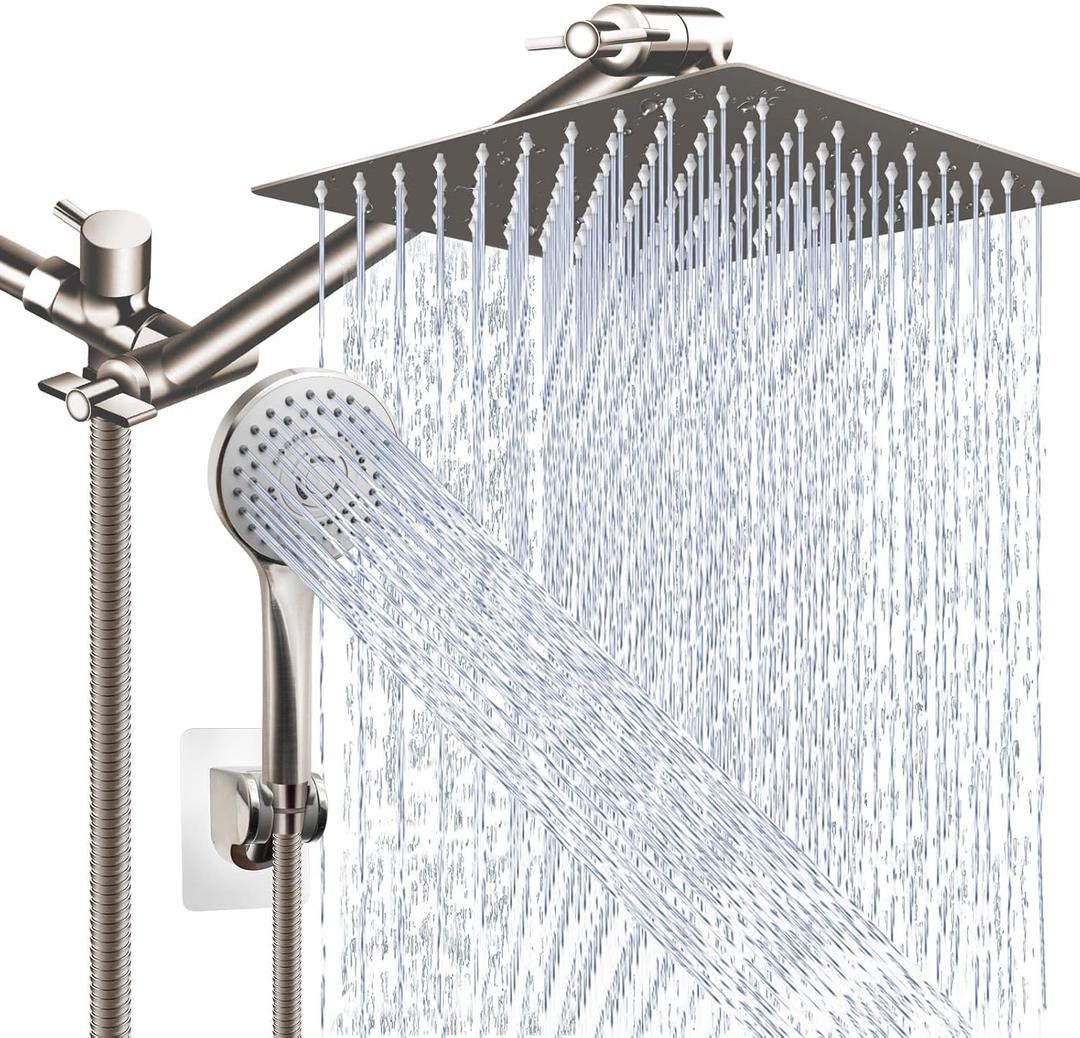 Shower Head Combo(Brushed Nickel),10'' High Pressure Rain Shower Head with 11'' Adjustable Extension Arm and 5 Settings Handheld,Powerful Shower Spray Against Low Pressure Water