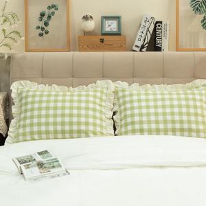 Pillow Shams Set of 2 Yarn-Dyed Pure Cotton Retro Ruffle Flounces Trim Green Check Decorative Pillow Cases for Home Bedroom Decor Standard 20x26 Inch