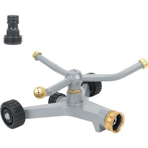 STYDDI Metal Rotating Water Sprinkler for Lawn, Heavy Duty Metal 3-Arms Whirling 360 Degree Automatic Rotary Sprinkler with Wheeled Base for Small Areas, Garden, Yard, Cover up to 1,384 Sq. ft.