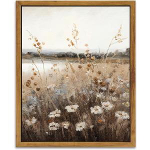KBKBART Vintage Wall Art Framed, Retro Countryside Autumn Wildflower Field Landscape Canvas Painting Farmhouse Decor Wall Art, Rustic Fall Landscape Bathroom Wall Decor for Bedroom (9"x11")