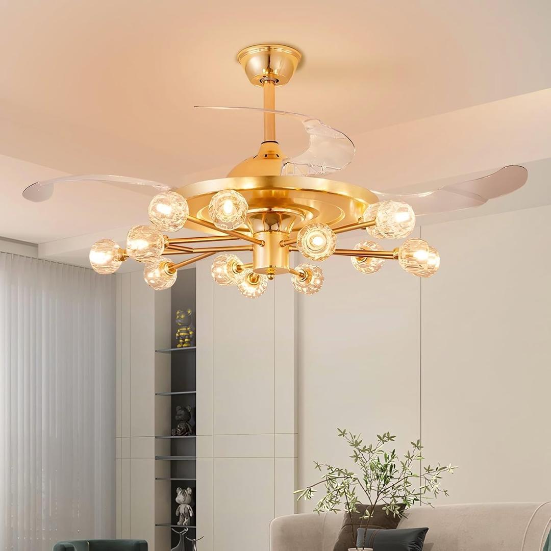 48" Chandelier Ceiling Fans with Lights: 15-Light Sputnik Crystal Ceiling Fan Chandelier - Modern Retractable Fandelier Ceiling Fan for Living Dining Room Bedroom - Gold Fandelier with Lights (15-Lights, 48"Gold)