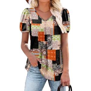 Angerella Women Tunic Tops Dressy Casual Summer Short Sleeve V Neck Shirts Floral Loose Fit Pleated Boho Top, Size L