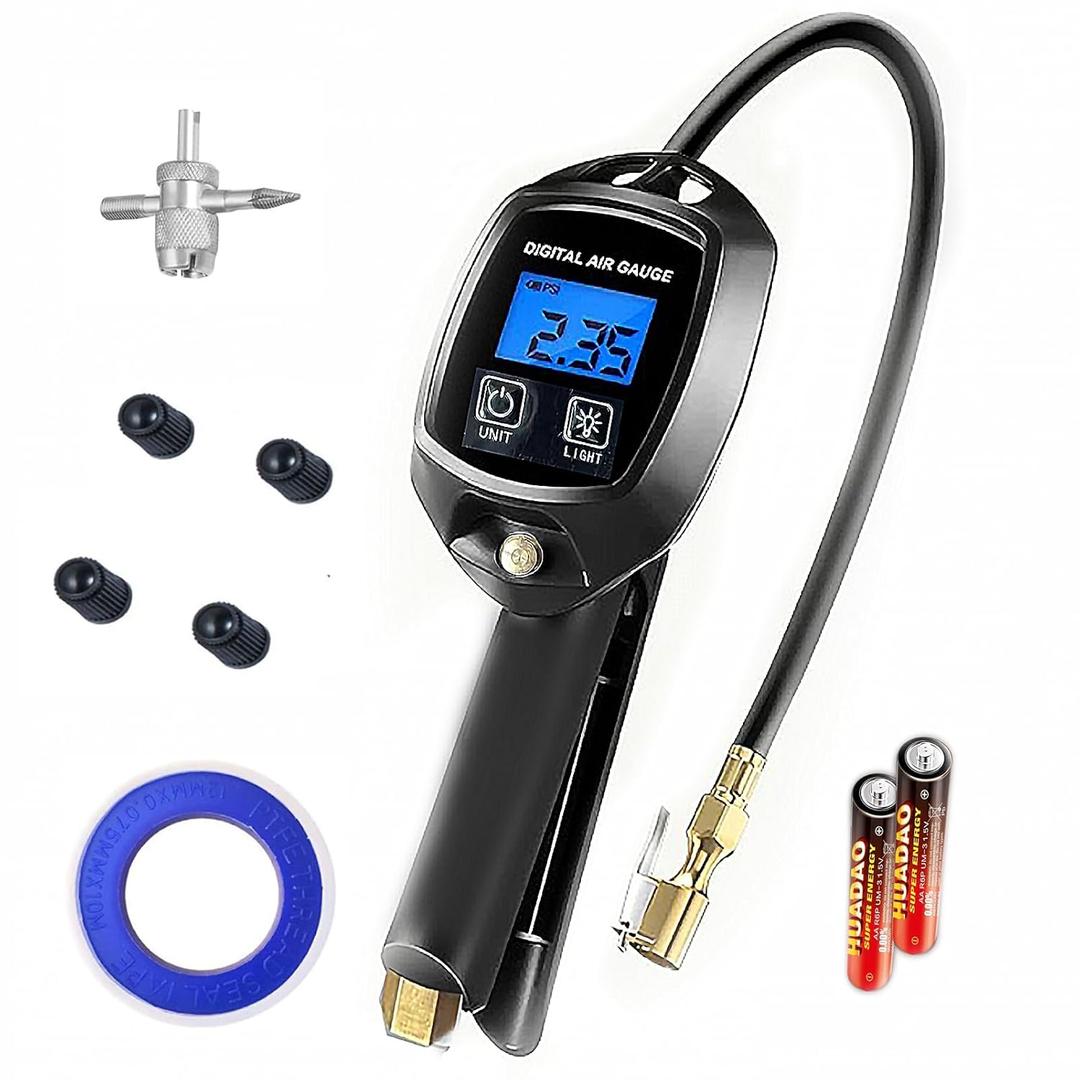 PINKJOY Digital Tire Inflator with Pressure Gauge, 250 PSI Air Chuck and Compressor Accessories Heavy Duty with Rubber Hose and Quick Connect Coupler with Display Resolution