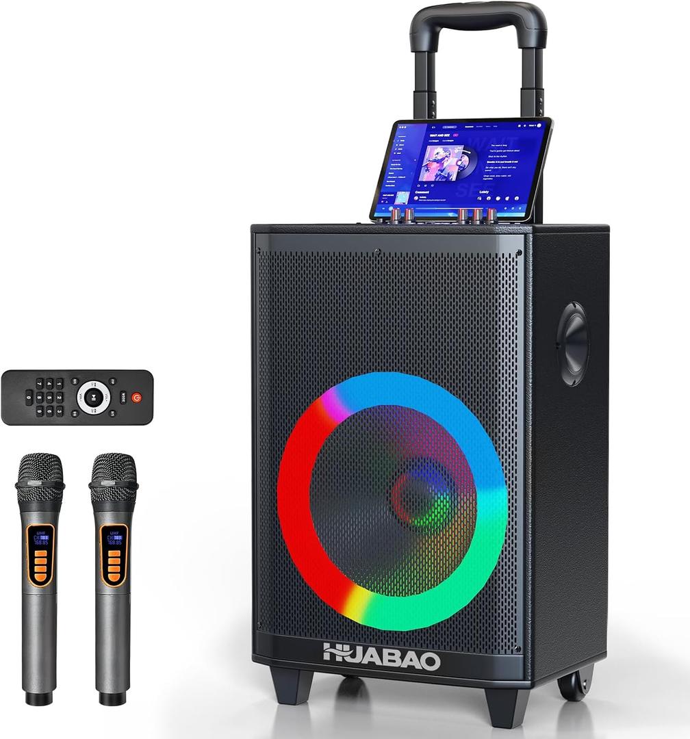 Large Bluetooth Karaoke Speaker with 2 Wireless Microphones, 11 Speaker System with 8800mAh Battery, Trolley PA System with Lights, Remote, FM/AUX/USB/TF, Bass & Treble Adjust, Ideal for Outdoor Party