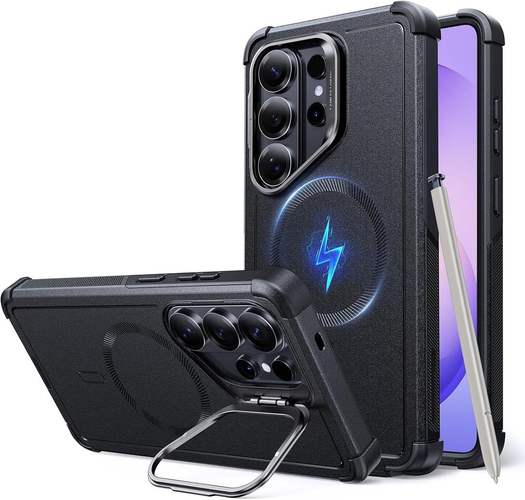 ESR for Samsung Galaxy S26 Ultra Phone Case with Stash Stand, 7X Military-Grade Drop Protection, Shock-Absorbing Rugged Cover, Compatible with MagSafe Accessories, Cyber Series, Black