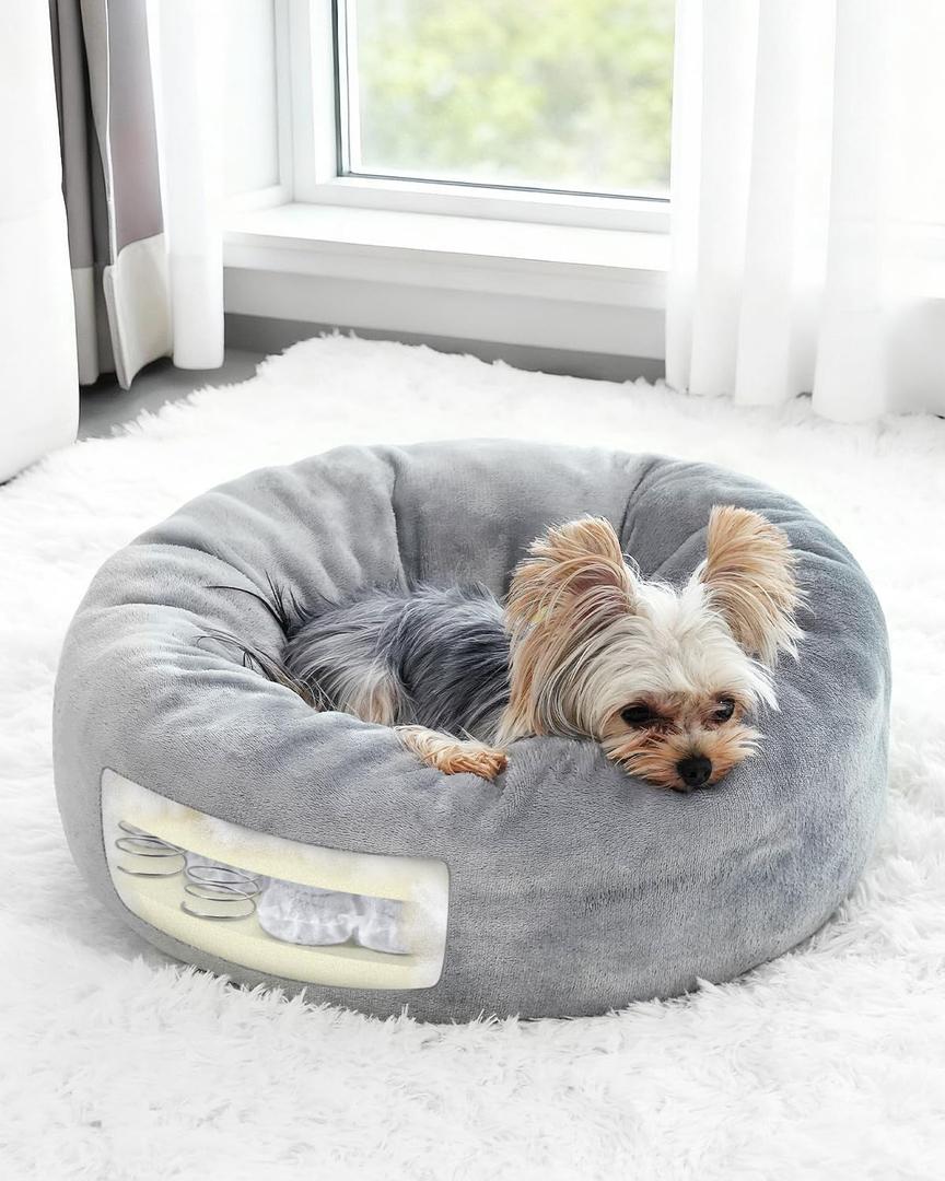 Orthopedic Dog Beds for Small Dogs 20 in, Small Dog Bed with Pocketed Coils and Soft Foam Support, Detachable Puppy Bed for Small Dogs and Cats, Round Flannel Anti-Anxiety Donut Dog Bed, Gray