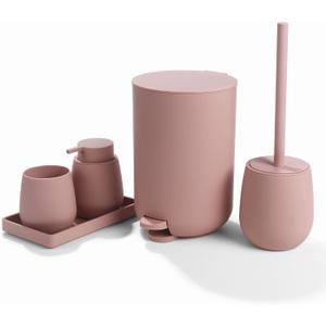 Pink Bathroom Accessories Set with Small Trash Can 3 Liter/0.8 Gallon,Toothbrush Holder,Soap Dispenser,Vanity Tray,Toilet Brush and Holder Pink 5PCS