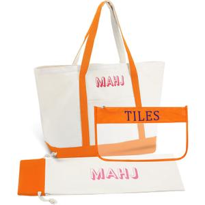 3 Pcs Empty Mahjong Canvas Bag Gift Embroidered American Mahjong Set Incl Tiles Bag and Racks & Pushers Drawstring Bags(Orange,Regular)