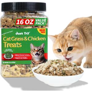 Just Try 16 OZ Cat Grass Jerky Treats for Indoor Cats Natural Chicken Healthy Cat Snacks Training Biscuits Hairball Control & Digestive Aid for Cats (EXP 10/09/26)
