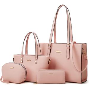 Women Fashion Synthetic Leather Handbags Tote Bag Shoulder Bag Top Handle Satchel Purse Set 4pcs (Large)