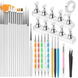 Nail Art Tools Set, Nail Stand for Press on Holder for Painting Nails, Nail Art Brushes, Liner Brushes, Nail Dotting Tool, Must Haves Design Tools Supplies Kit for Nail Tech & Beginners (White)