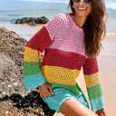 Prinbara Crochet Cover Up for Women Swimsuit Summer Bathing Suit 2025 Swim Hollow Out Bikini Swimwear Mesh Knit Beach Dress Rainbow Stripe Small