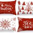 Lanpn Christmas Lumbar Throw Pillow Covers 14x20 Set of 4, Merry Christmas Winter Xmas Snowflake Decorative Holiday Cushion Pillow Cases 14 x 20 for Indoor Farmhouse Home Room Couch Decor (Red)