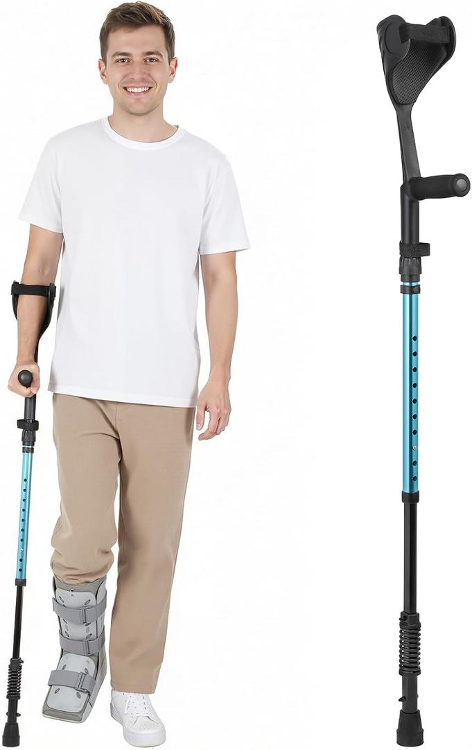 Ergonomic Forearm Crutches Spring Assist Crutches for Adults,Comfortable and Height Adjustable Arm Crutches Forearm with Anti-Slip Base,Walking Crutches with Cuffs, Not a Pair (Blue)