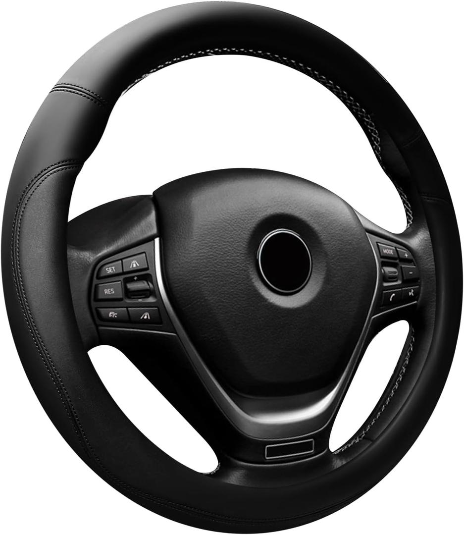 Car Steering Wheel Cover, 15 Inch Napa Leather Car Steering Wheel Protector, Slip-Resistant Elastic Steering Wheel Handle Cover, Universal Interior Accessories for Cars Trucks SUVs (Black)