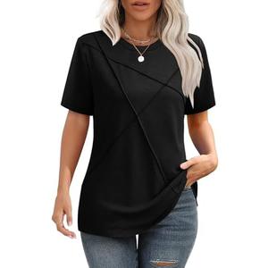 XIEERDUO Womens Summer Tops 2025 Pleated Round Neck Short Sleeve Shirts Business Casual, 3XL