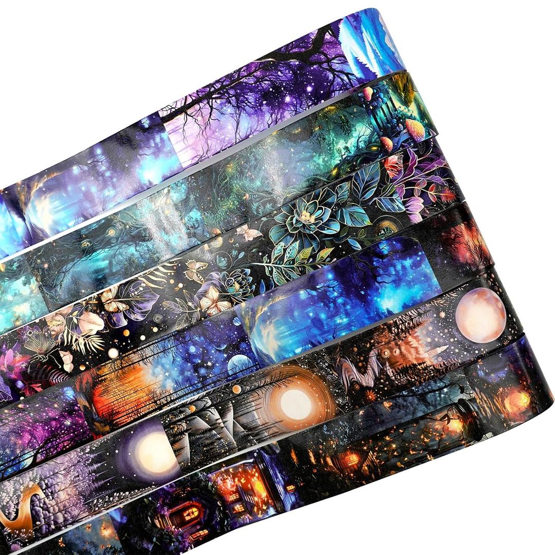 6 Rolls Fantasy Washi Tape Set  Non-Repeat Magical Forest and Galaxy Designs for Scrapbooking, Journaling, Planner, DIY Crafts with Storage Clip