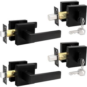 Probrico Flat Black Passage Door Lever with Single Cylinder Deadbolts Combo Pack, Modern Square Lock Set Handleset,Exterior Door Handle and Deadbolts Set,Exterior Door Lever Passage 2 Pack