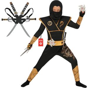 Morph Deluxe Boys Ninja Costume With Ninjas Toy Swords Accessory, Kids Ninja Costumes, Boy Halloween Costume (S, 4-6 Years, Gold)