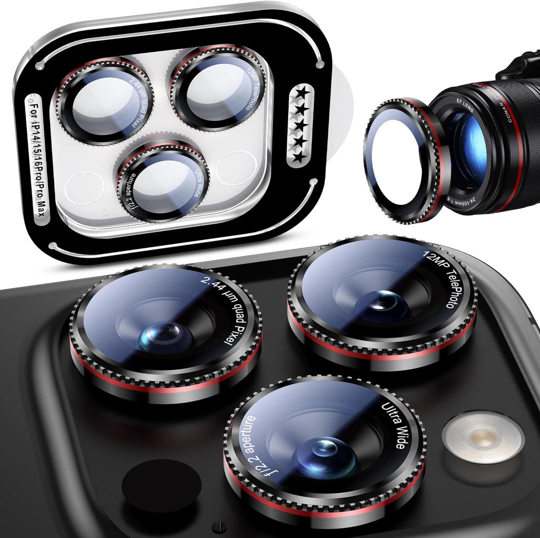 Uyiton for iPhone 17/16/15/14 (Pro Max & Pro) Camera Lens Protector - [Case-Friendly][Ultra-Thin] Military-Grade Tempered Glass Metal Camera Cover, Easy to Install, Gearwheel Black+Red