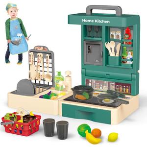 Kitchen Play Set for Kids - 49PCS Pretend Cooking Playset Accessories with Pot and Pan,Dish Rack,Play Sink,Pretend Play Food Toys with Baby&Toddler-Educational Gift for 3 4 5 6 Ages Girls&Boys (Green)