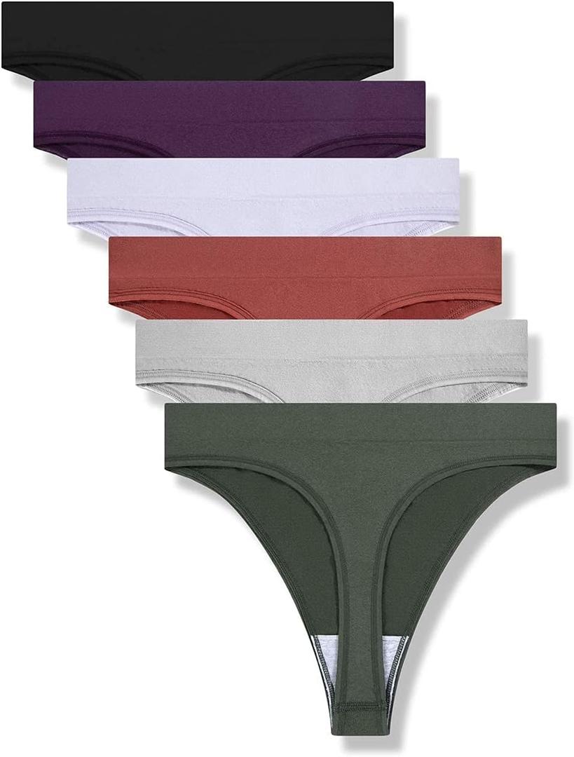 GRANKEE Women's High Waisted Breathable Seamless Thong Panties,No Show Workout Underwear,Comfortable Cotton Crotch, 6 Pack (Medium, Black/Caramel/Purple/Olive Green/Lavender/Light Grey)