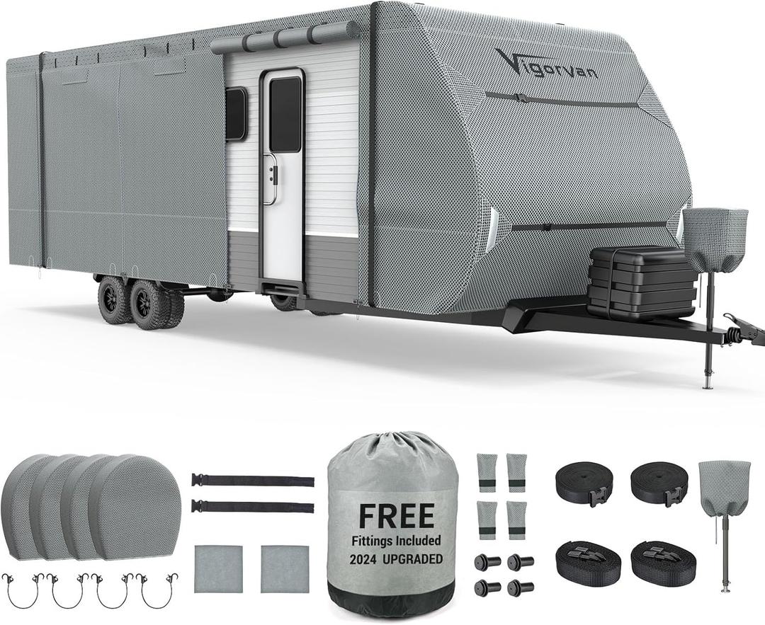 Upgraded RV Cover, Extra Thick Travel Trailer Cover, Durable Camper Cover Fits 27'-30' Motorhome for Winter Snow, Anti-UV, Waterproof, Rip-Stop, Windproof with Jack Cover & Tire Covers