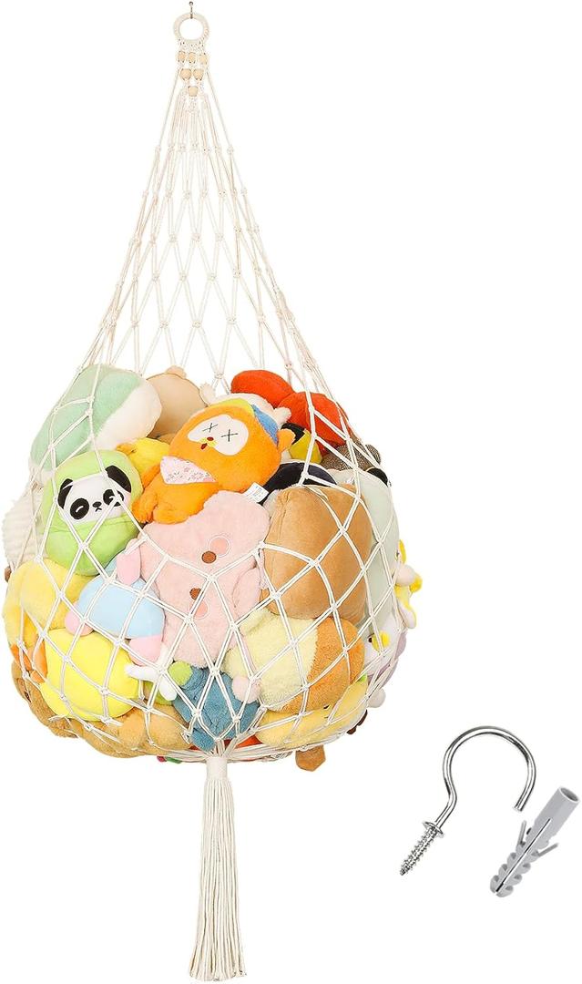 Stuffed Animal Storage Hammock Plushie Net 60-inch Stuffed Animal Net Corner for Kids' Wall Room Decor Hanging Toy Storage Plushie Net Organizer Holder Kids Baby Nursery Wall Bedroom Home Decor (L) (Beige-1 Layer)