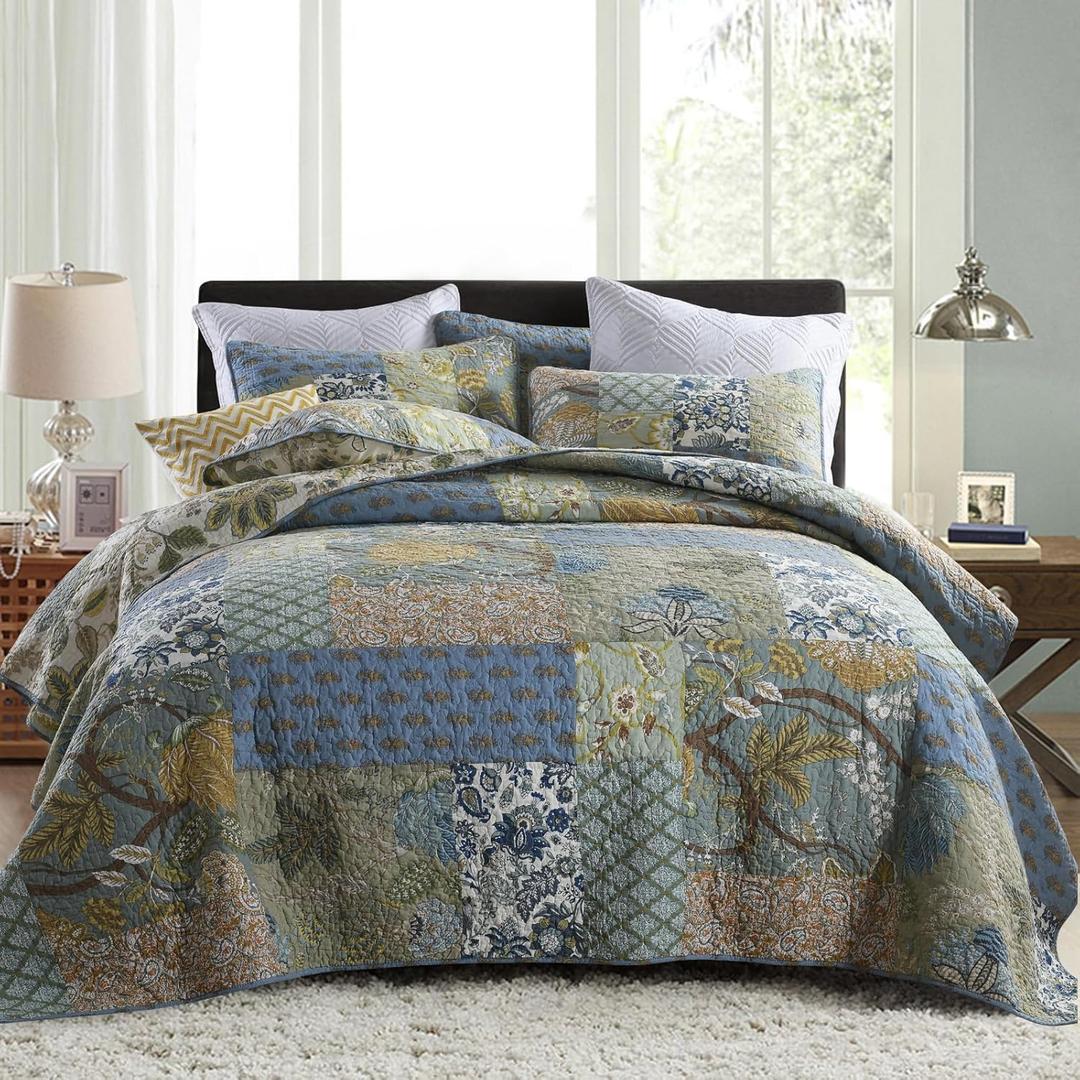Secgo King Size Comforter Set- 100% Cotton Quilt King Size Set, Green, Sage bedspreads (96 * 108 Inch) with 2 Pillow Shams, Patchwork Reversible Lightweight Bedding (King(98"x106"))