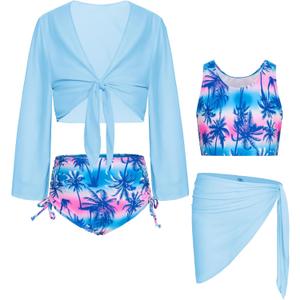 GRACE KARIN Girls Bathing Suit Adjustable Taniki Swimsuit Tie Front 4 Piece Bikini Set with Kimono Cover Up 6-14