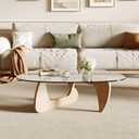 Modern Coffee Table for Living Room and Small Spaces, 43.3" x 29.5" x 15.8" Triangle Tempered Glass Table Top and Eco-Friendly Solid Wood Base, Natural Wood